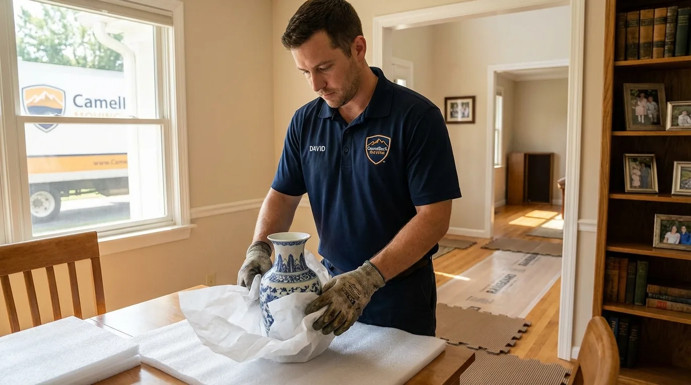 Professional crew carefully wrapping antique vase for senior downsizing move in Berryville, VA